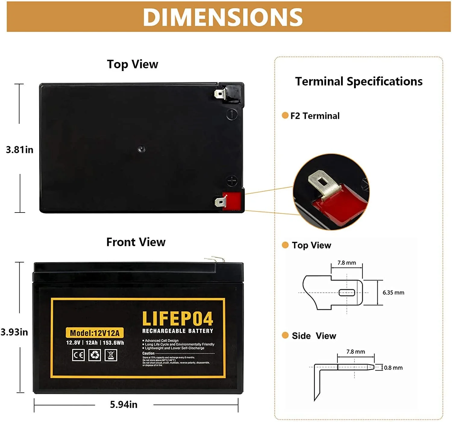 BP-1212LiFE : 12.8v 12Ah rechargeable LiFE battery (LiFePO4 chemistry) - Image 2