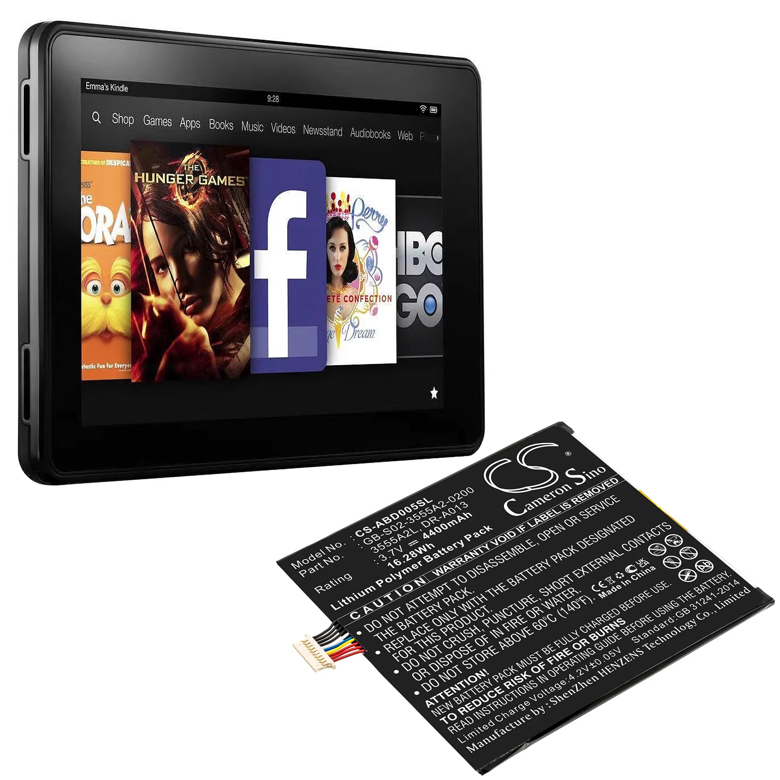 CS-ABD005SL : Battery for Amazon kindle Fire, D01400 - Replaces Amazon GB-S02-3555A2-0200, 3555A2L, DR-A013 and others - Image 5
