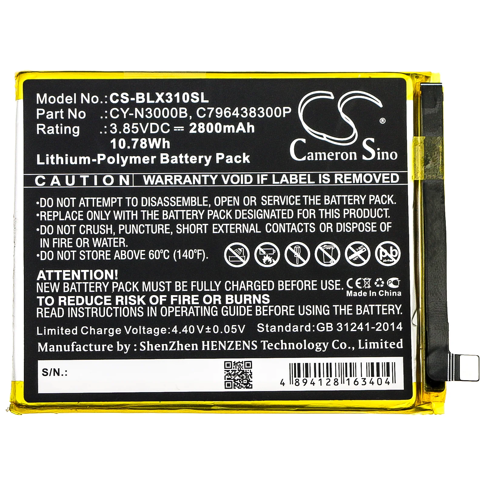 CS-BLX310SL : Battery for BLU Vivo XI+, Vivo XI Plus, V0310WW - Replaces BLU C796438300P, CY-N3000B - Image 3