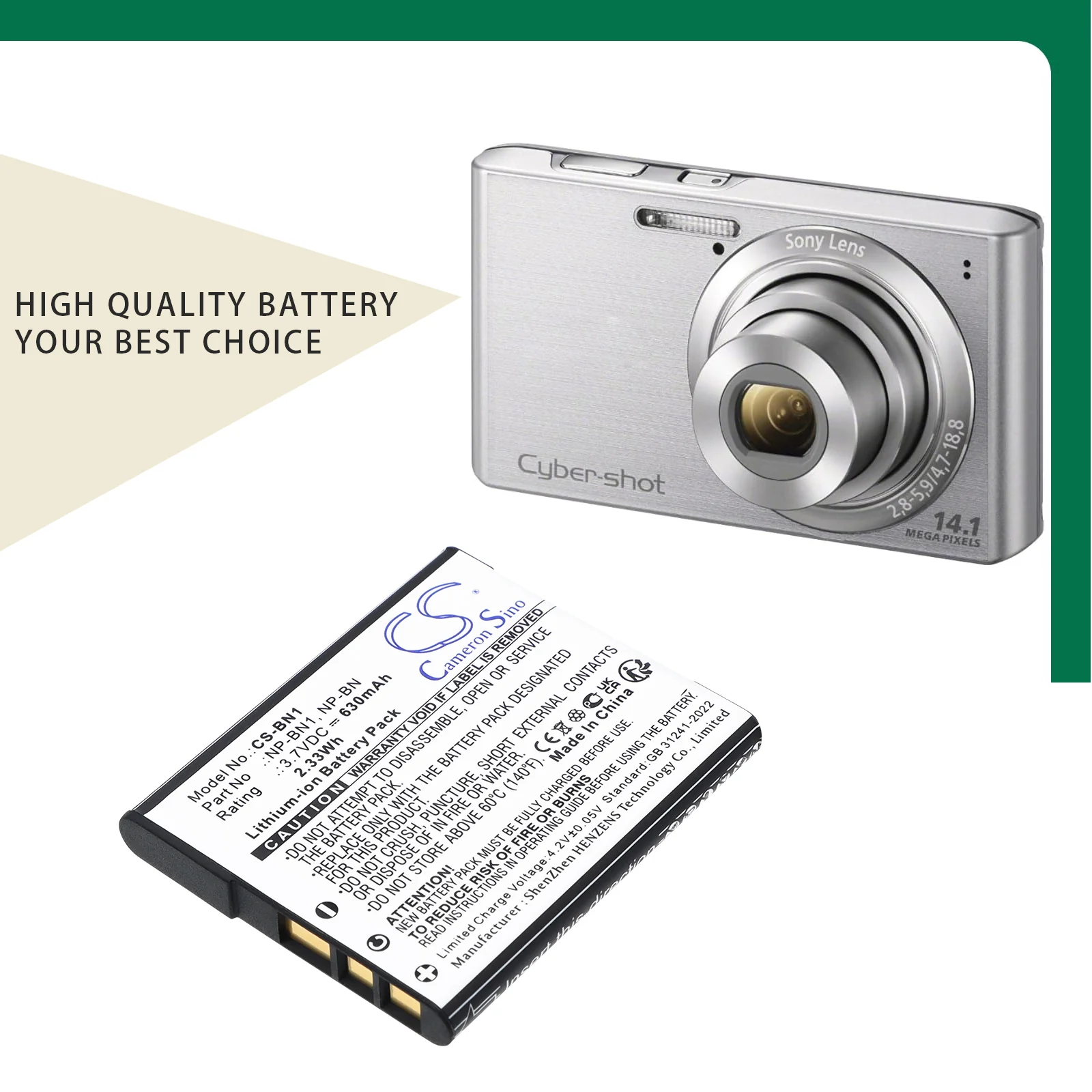 CS-BN1 : Battery for Sony 
        Cyber-shot DSC-T110P, 
        Cyber-shot DSC-T110S, 
        Cyber-shot DSC-TX55R and others - Replaces Sony NP-BN, NP-BN1 - Image 6