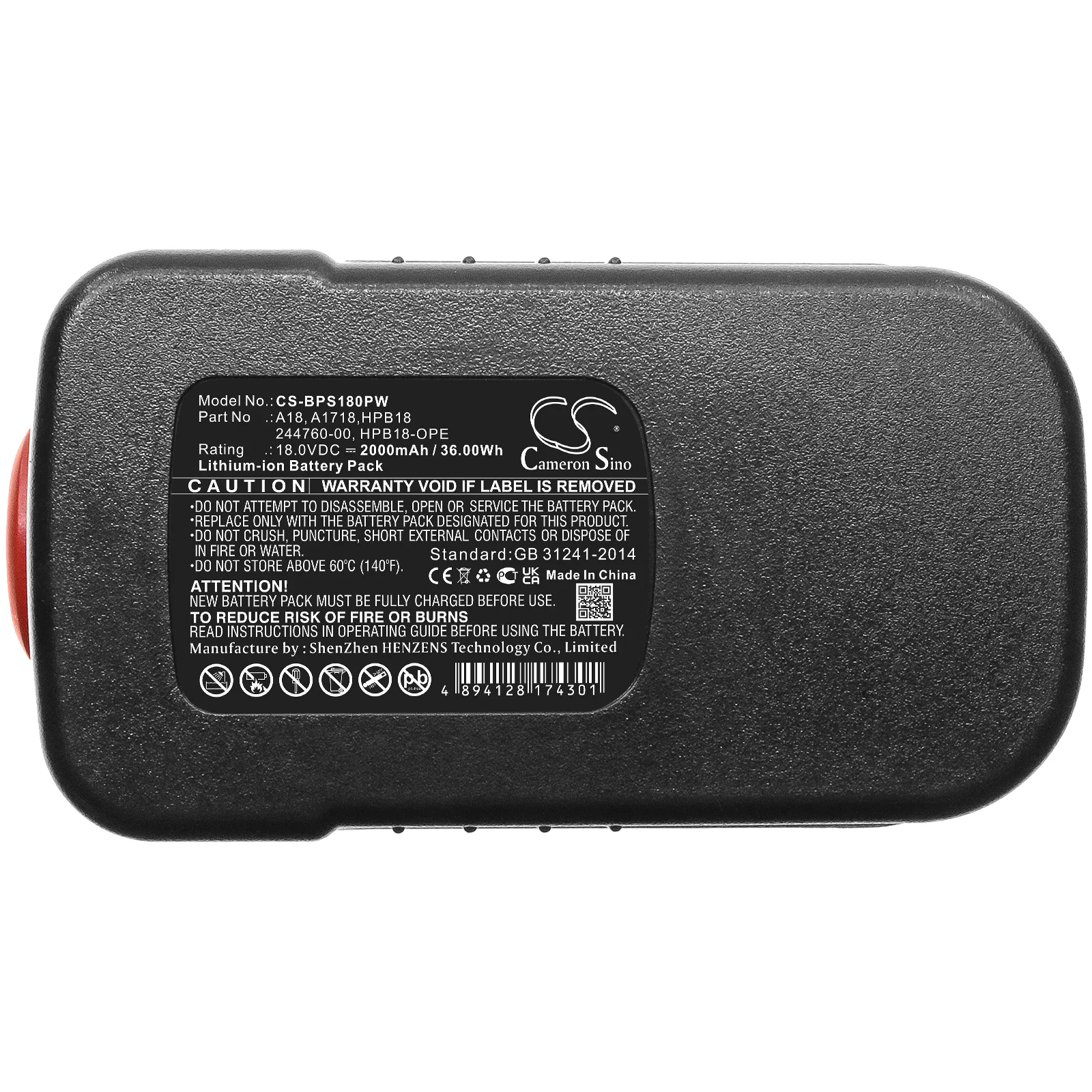 CS-BPS180PW : Battery for Black & Decker BDGL1800, BDGL18K-2, XTC183BK and others - Replaces Black & Decker 244760-00, A1718, A18 and others - Image 5