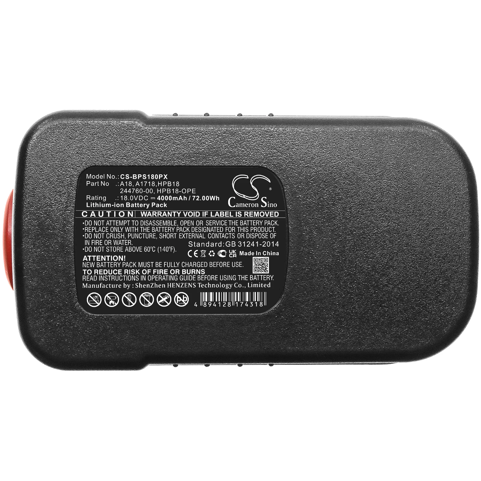 CS-BPS180PX : Battery for Black & Decker BDGL1800, BDGL18K-2, XTC183BK and others - Replaces Black & Decker 244760-00, A1718, A18 and others - Image 5