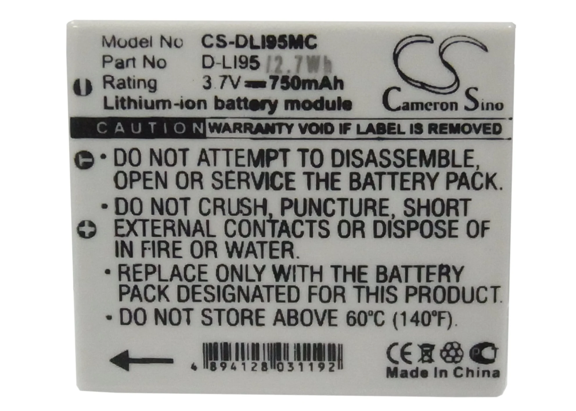 CS-DLI95MC : Battery for PENTAX Optio E75, Optio M85, Optio E85 - Replaces Pentax D-LI95 - Image 5
