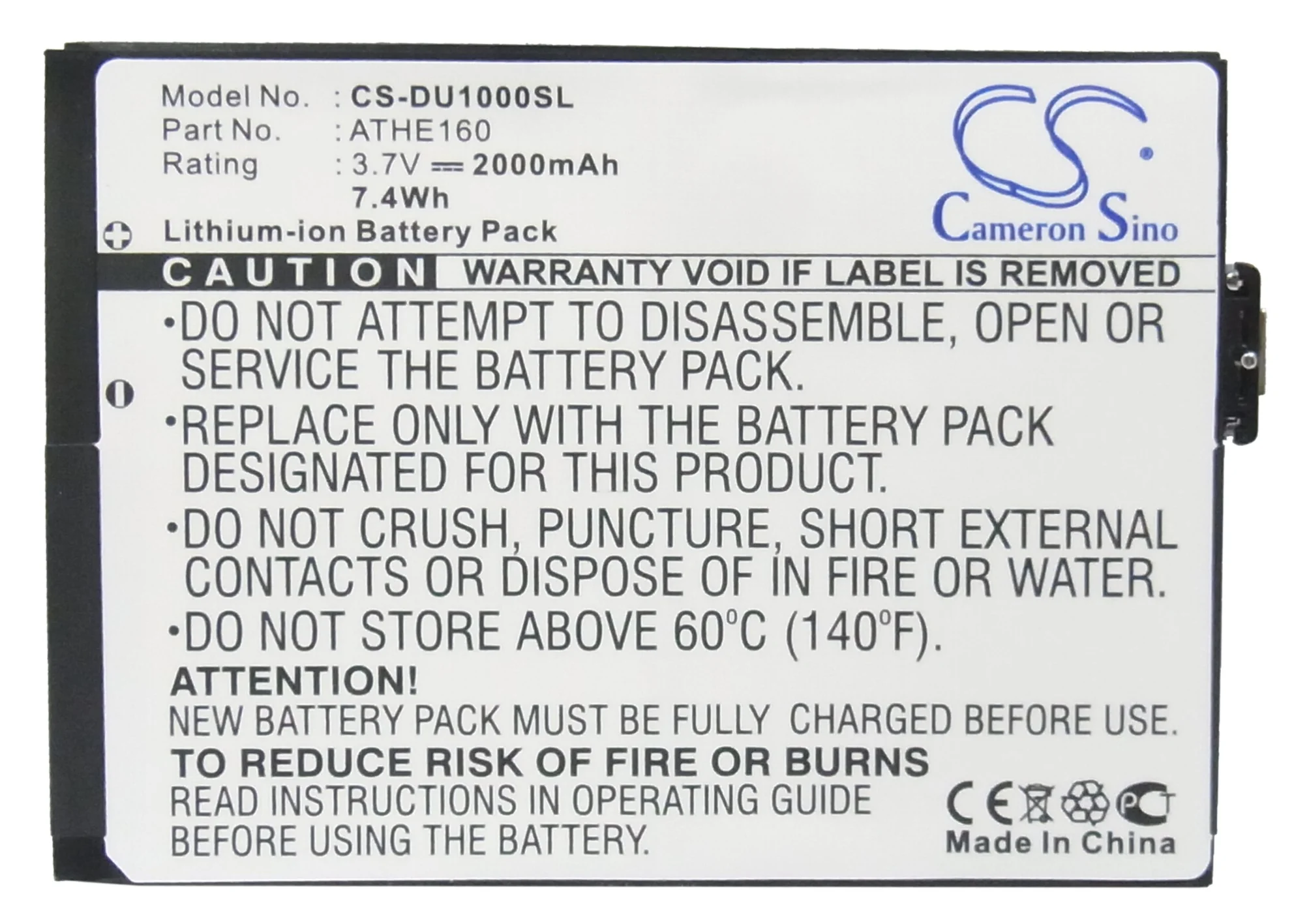 CS-DU1000SL : Battery for T-Mobile MDA Ameo, MDA Ameo 16GB - Replaces T-Mobile ATHE160, 35H00081-00M - Image 5