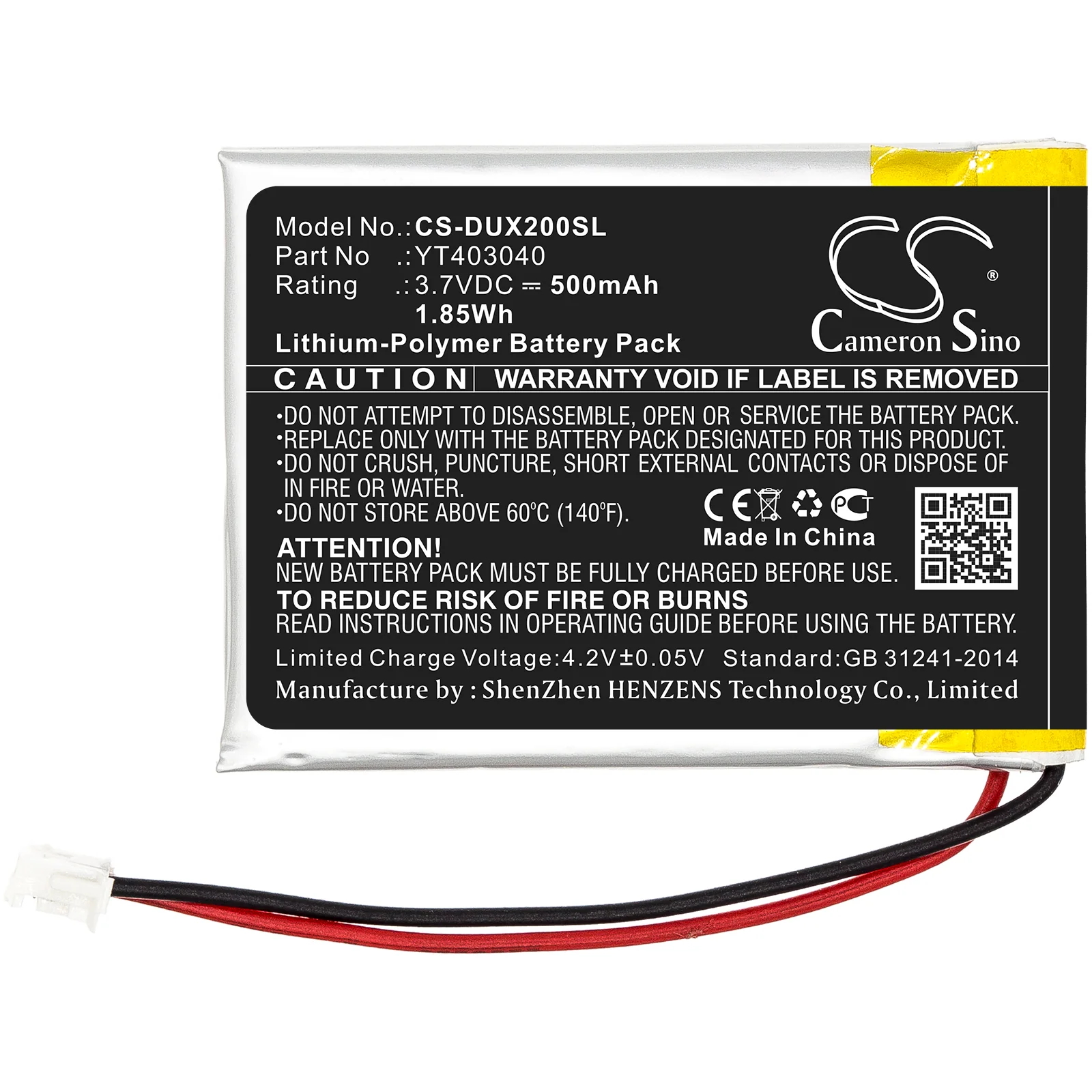 CS-DUX200SL : Battery for XDUOO X2 - Replaces XDUOO YT403040 - Image 3