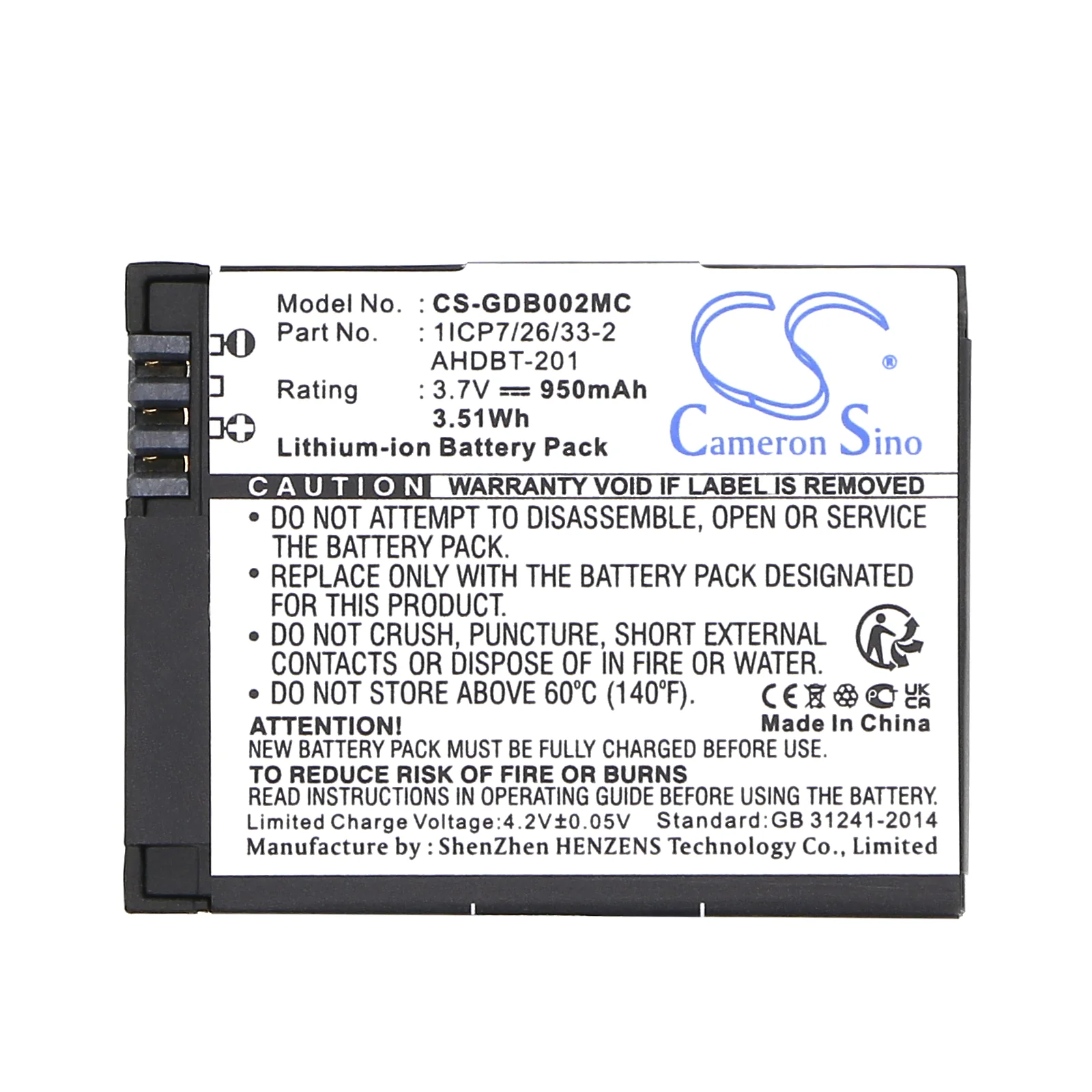 CS-GDB002MC : Battery for Mevo A7310 - Replaces GoPro AHDBT-201, 601-00724-00A, 1ICP7/26/33-2 and others - Image 6