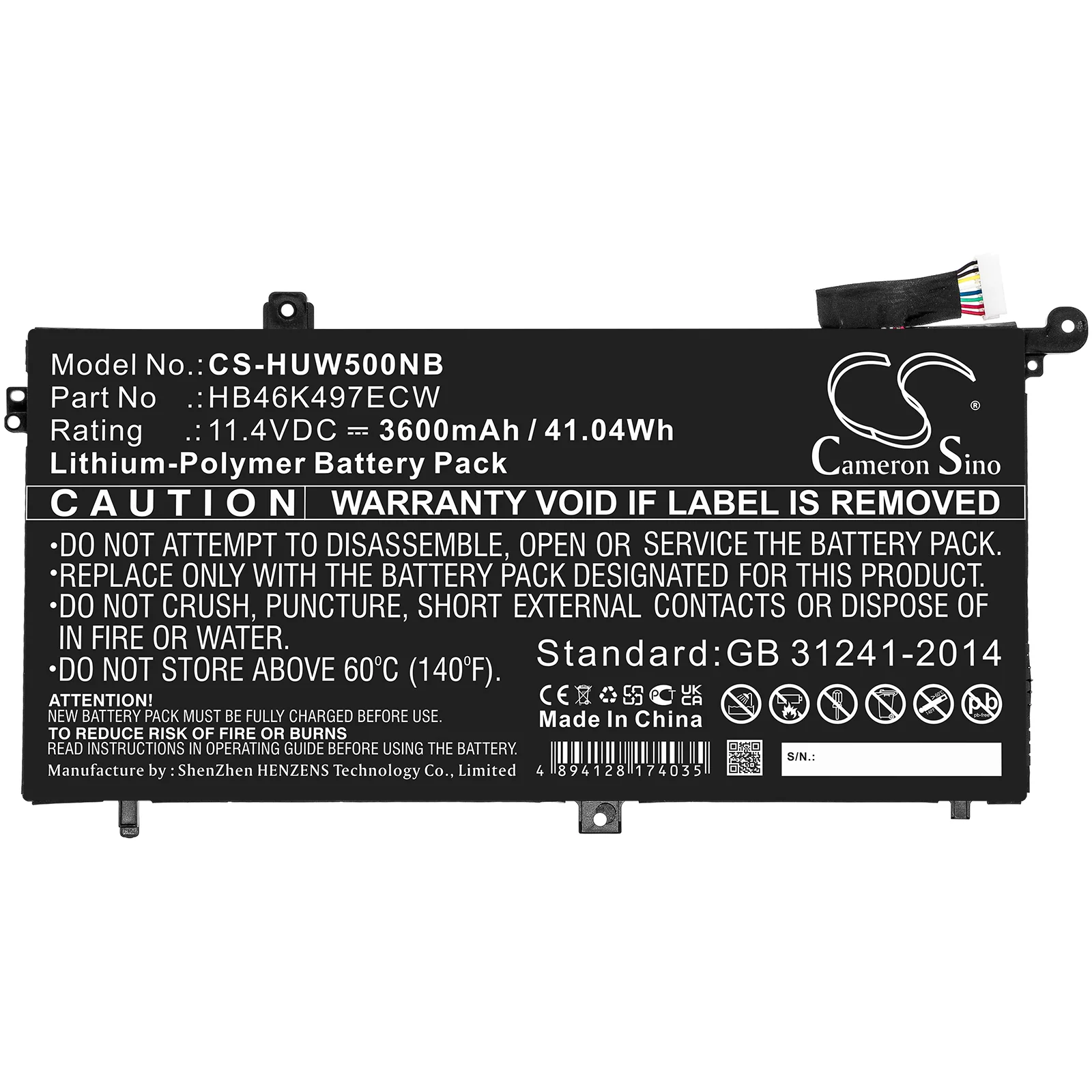CS-HUW500NB : Battery for Huawei MateBook D, 53010BAJ, Matebook D I5 8G and others - Replaces Huawei HB46K497ECW - Image 3