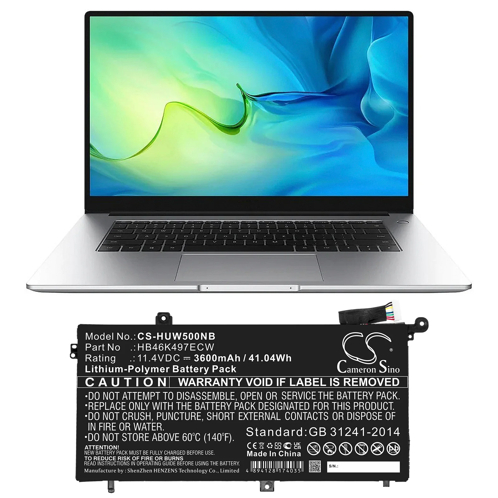 CS-HUW500NB : Battery for Huawei MateBook D, 53010BAJ, Matebook D I5 8G and others - Replaces Huawei HB46K497ECW - Image 5