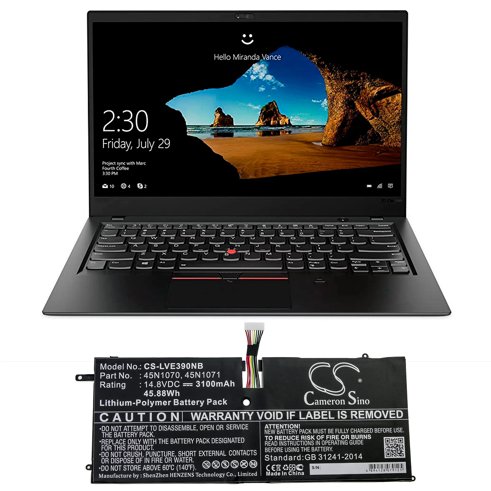 CS-LVE390NB : Battery for Lenovo ThinkPad X1 Carbon 3460-22U, ThinkPad X1 Carbon 3460-23U, ThinkPad X1 Carbon 3460-25U and others - Replaces Lenovo 45N1070, 45N1071 - Image 5