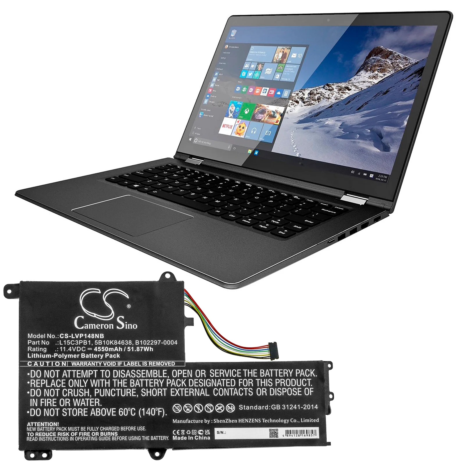 CS-LVP148NB : Battery for Lenovo IdeaPad Flex 4-1480, Flex 4-1480 14", Flex 4-1570 and others - Replaces Lenovo L15C3PB1, B102297-0004, 5B10K84638 and others - Image 5