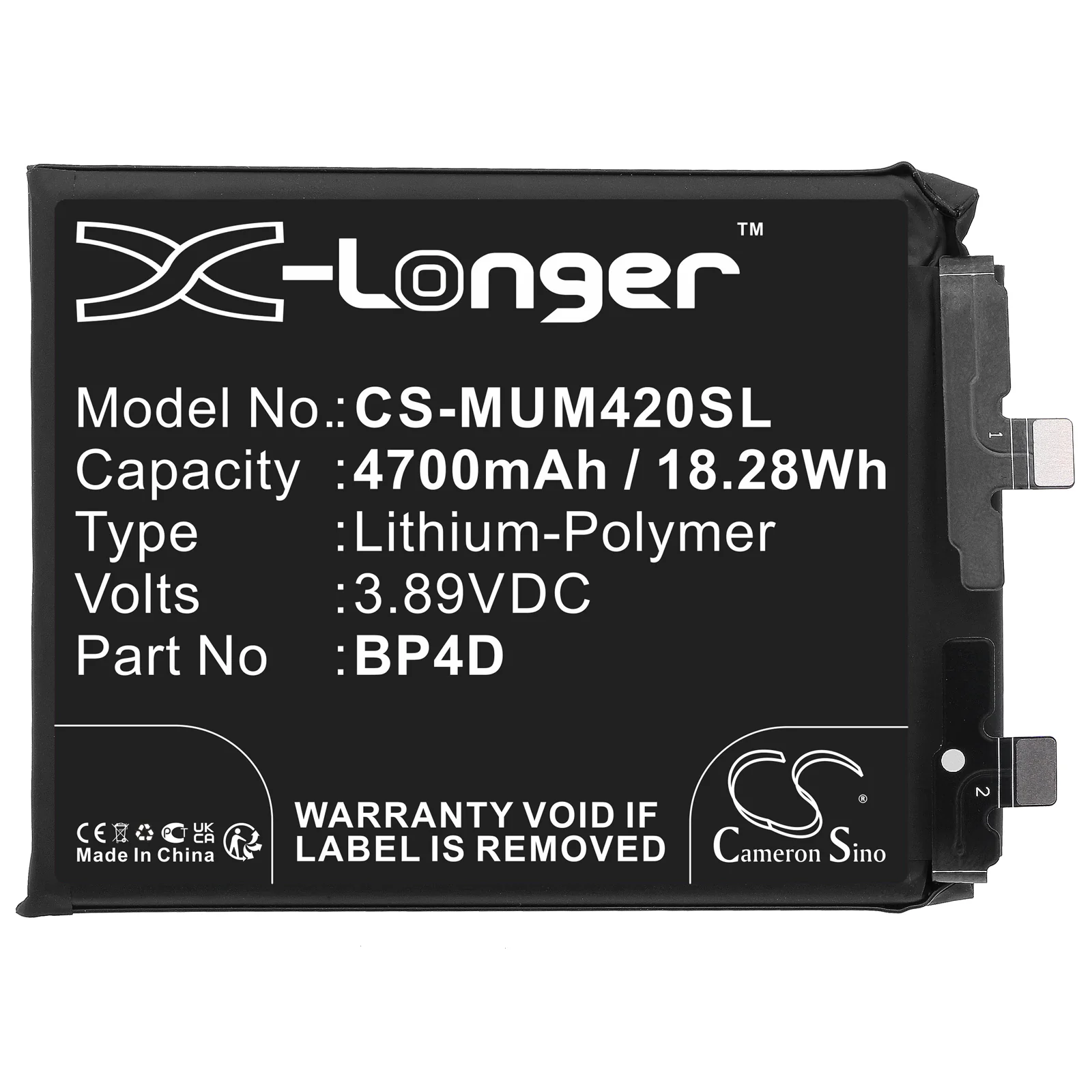 CS-MUM420SL : Battery for Xiaomi 13 Pro, Mi 13 Pro 5G, 2210132C and others - Replaces Xiaomi BP4D - Image 2