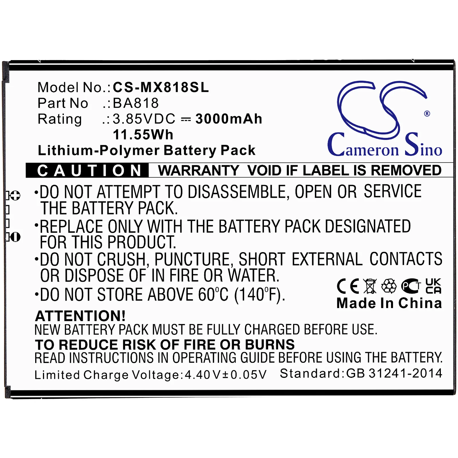 CS-MX818SL : Battery for Meizu C9, M818H, C9 Pro and others - Replaces Meizu BA818 - Image 3