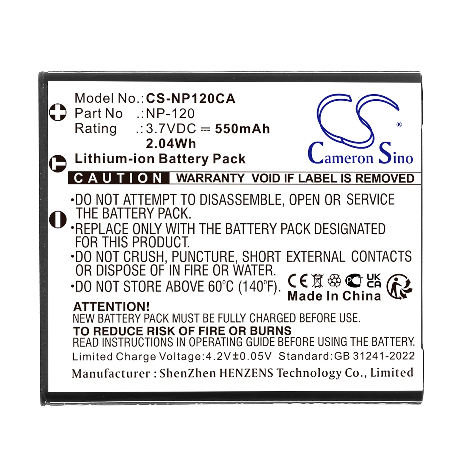 CS-NP120CA : Battery for Casio Exilim EX-EX-S200BK, Exilim EX-S200, Exilim EX-S200BE and others - Replaces Casio NP-120, NP-120DBA - Image 4