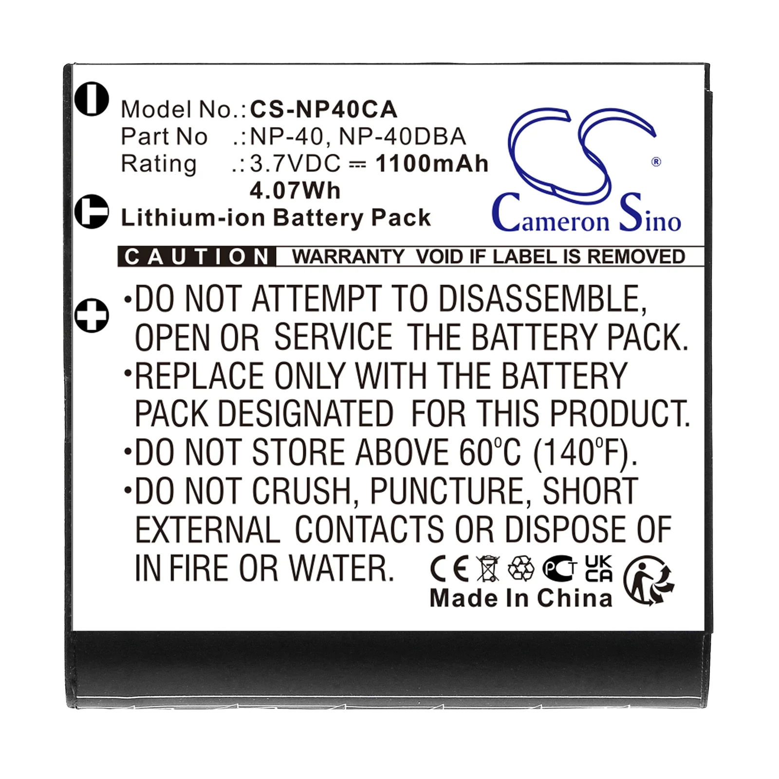 CS-NP40CA : Battery for Somikon DVR-853, DVR-853.IR - Replaces Casio NP-40, NP-40DBA, NP-40DCA - Image 3