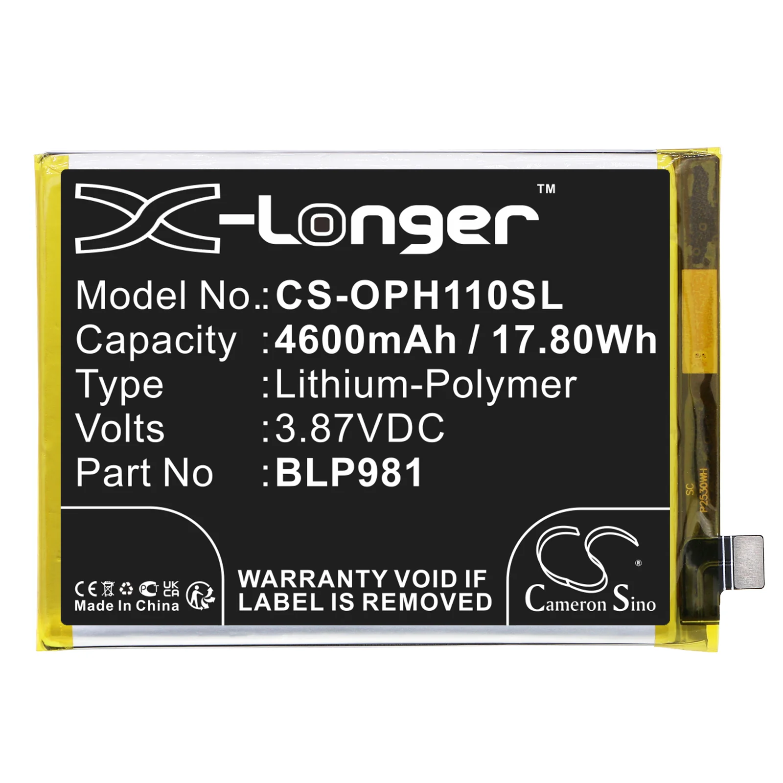CS-OPH110SL : Battery for Oppo A1 Pro, PHQ110 - Replaces Oppo BLP981