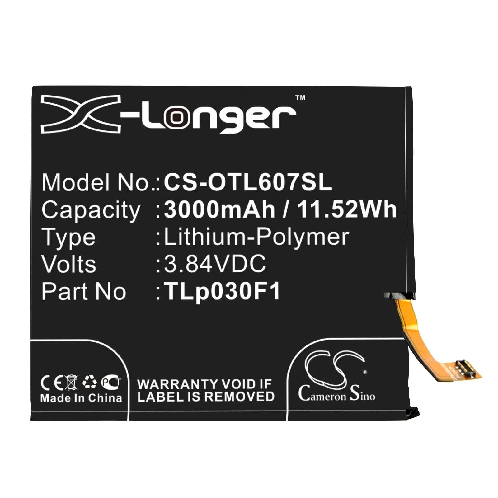 CS-OTL607SL : Battery for Vodafone Smart Platinum 7, VFD 900 - Replaces Vodafone TLp030F1, TLp030F2 - Image 3