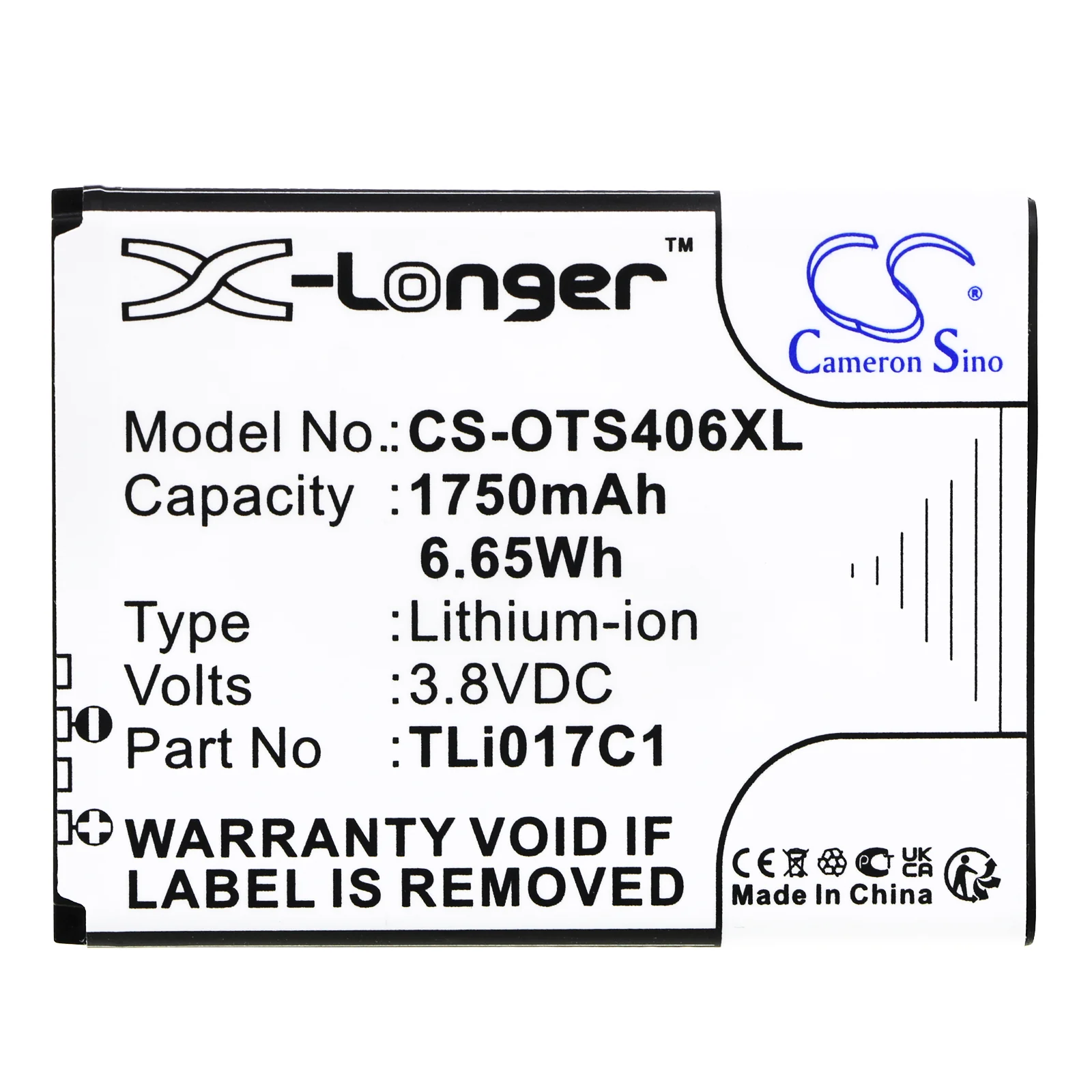 CS-OTS406XL : Battery for Alcatel One Touch Streak, OT-4060, OT-4060A and others - Replaces Alcatel TLi017D1, TLi017C7, TLi017C1 - Image 3