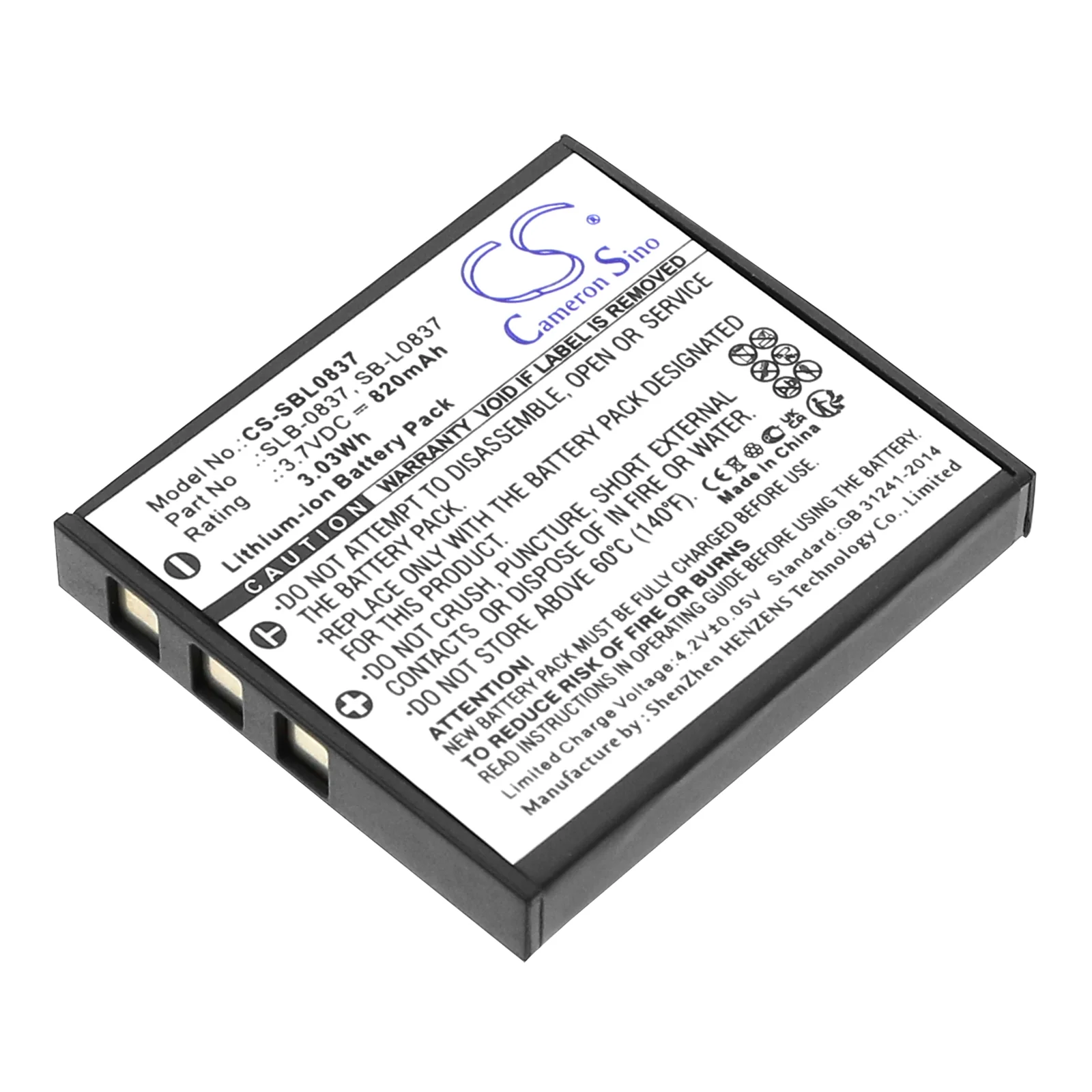 CS-SBL0837 : Battery for Samsung Digimax i6 PMP, Digimax L50, Digimax L60 and others - Replaces Samsung SLB-0837, SB-L0837