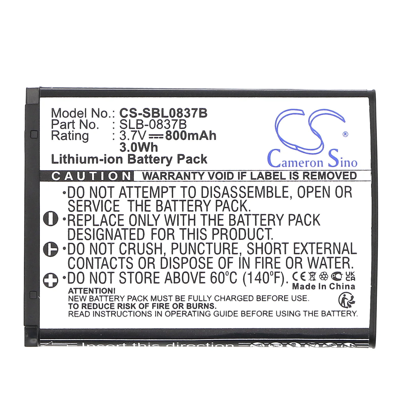 CS-SBL0837B : Battery for Samsung Digimax L70, Digimax L70B, L201 and others - Replaces Samsung SLB-0837B, SLB-0837(B) - Image 2