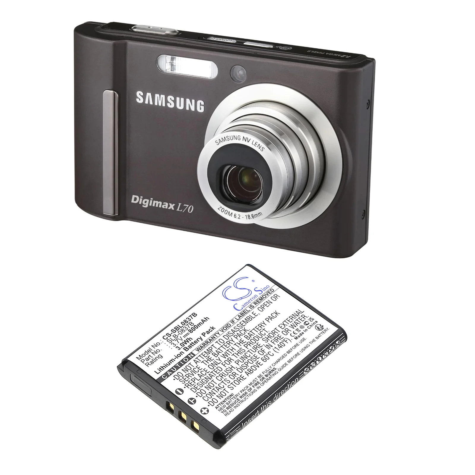 CS-SBL0837B : Battery for Samsung Digimax L70, Digimax L70B, L201 and others - Replaces Samsung SLB-0837B, SLB-0837(B) - Image 3