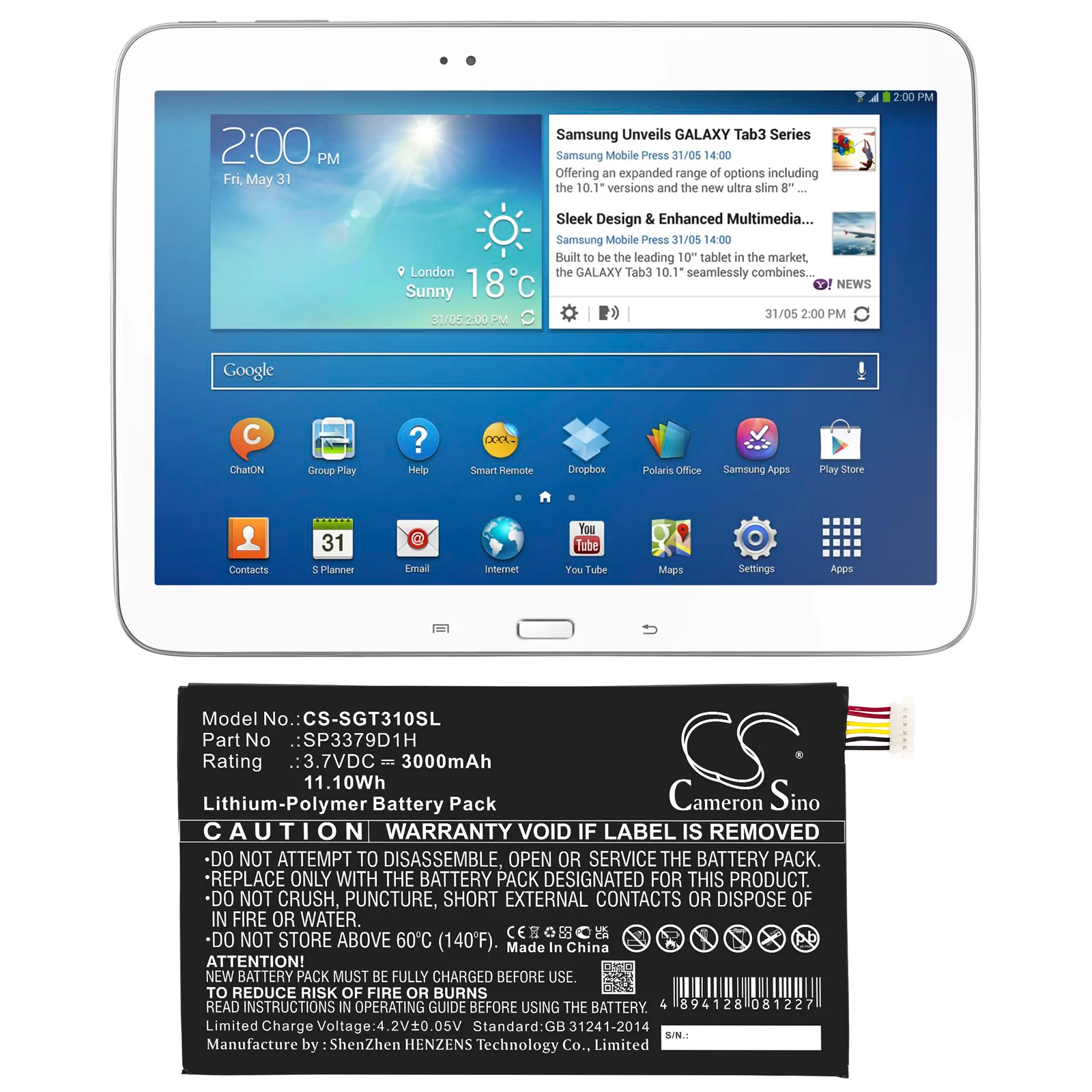 CS-SGT310SL : Battery for Samsung Galaxy Tab3, Galaxy Tab 3, SM-T310 and others - Replaces Samsung SP3379D1H, AAaD415JS/7-B - Image 6