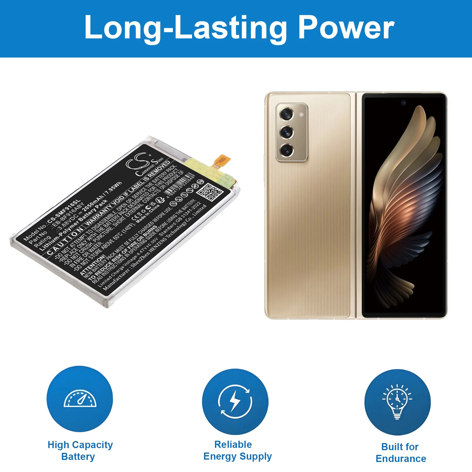 CS-SMF916SL : Battery for Samsung Galaxy W21 5G, Galaxy Z Fold2, Galaxy Z Fold2 UW 5G and others - Replaces Samsung EB-BF916ABY - Image 3