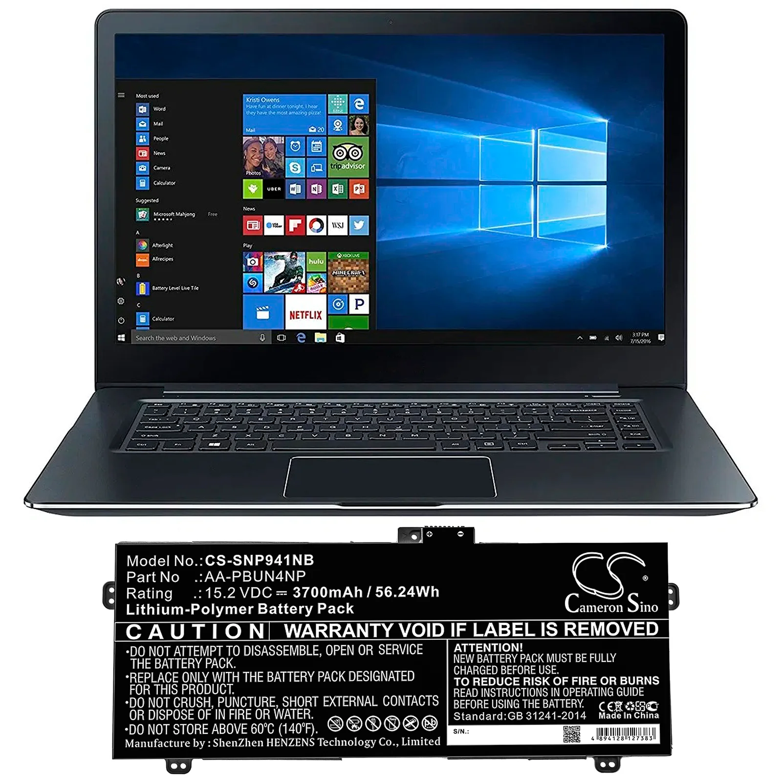 CS-SNP941NB : Battery for Samsung ATIV Book 9 Pro, NP940Z5L, NP940Z5J and others - Replaces Samsung AA-PBUN4NP - Image 5