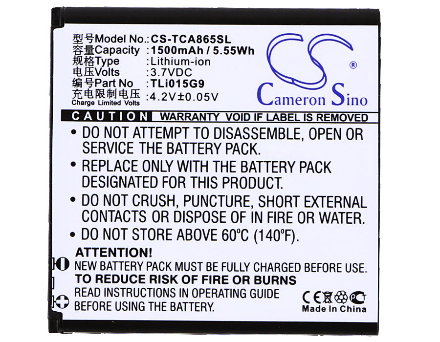 CS-TCA865SL : Battery for TCL J320C, J320T, A865 - Replaces TCL TLi015G9, TLi015B1 - Image 5