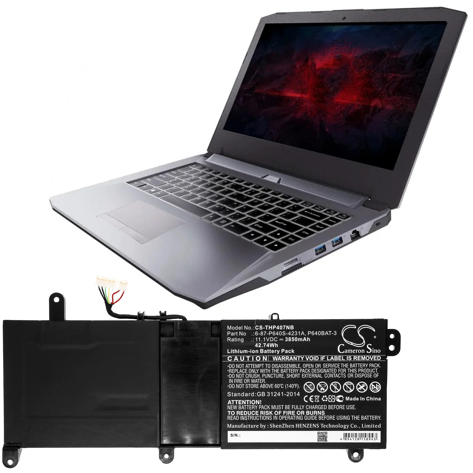 CS-THP407NB : Battery for Schenker XMG P407-DRH, XMG P407-PSD, XMG P407-RQK and others - Replaces Thunderobot 6-87-P640S-4231A, P640BAT-3 - Image 5