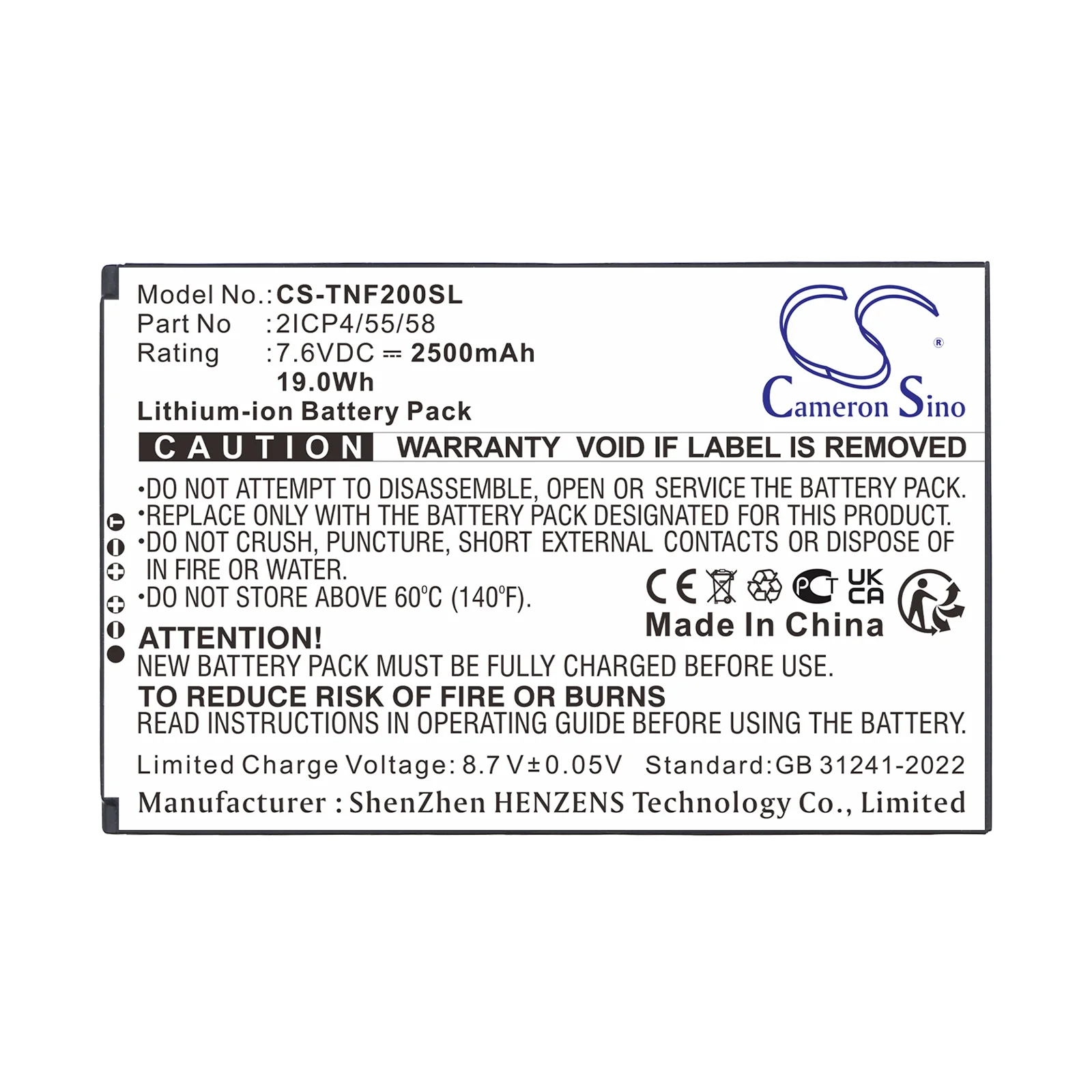 CS-TNF200SL : Battery for Feitian F20, F20 Smart POS - Replaces Feitian 2ICP4/55/58 - Image 2