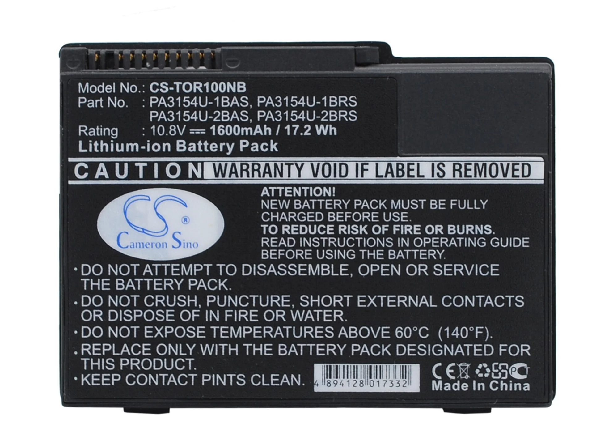 CS-TOR100NB : Battery for Toshiba Portege 2010, Portege 2000, Portege R100 and others - Replaces Toshiba PA3154U-1BAS, PA3154U-1BRS, PA3154U-2BAS and others - Image 3
