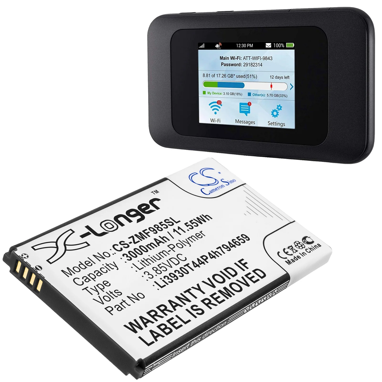 CS-ZMF985SL : Battery for ZTE MF288, Smart Hub Turbo, MF985 - Replaces ZTE Li3930T44P4h794659 - Image 4