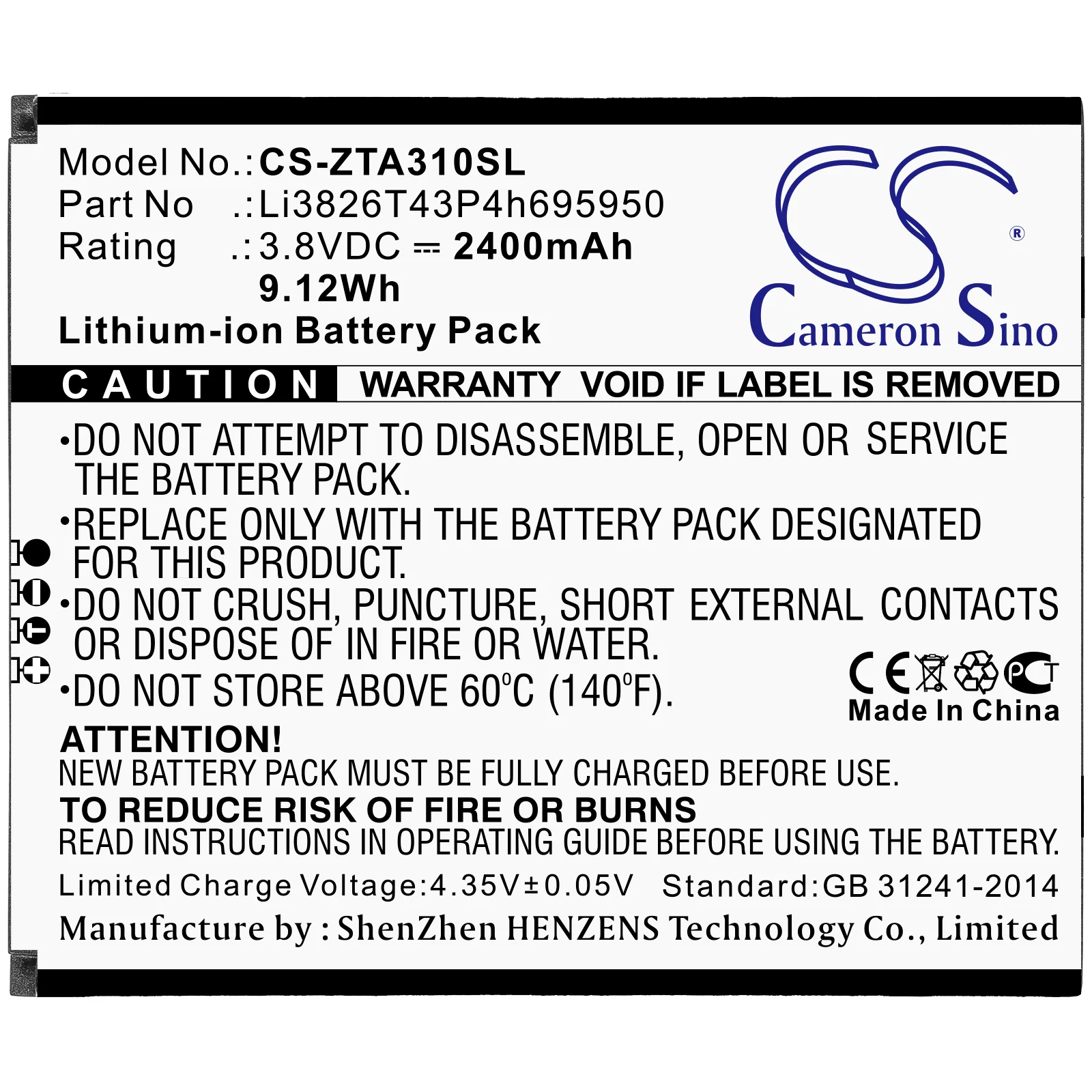 CS-ZTA310SL : Battery for Telstra Essential Smart 3 - Replaces ZTE Li3826T43P4h695950 - Image 3