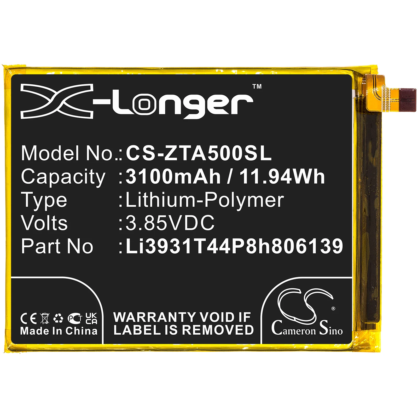 CS-ZTA500SL : Battery for ZTE Blade A5 2020, Visible R2, Z5151V and others - Replaces ZTE Li3931T44P8h806139 - Image 3