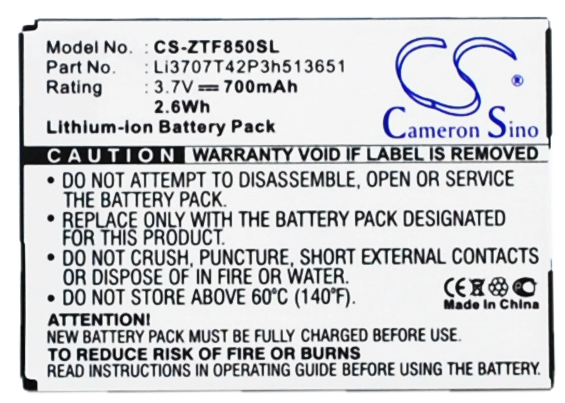 CS-ZTF850SL : Battery for Telstra F252, F256, F850 and others - Replaces Telstra Li3707T42P3h513651