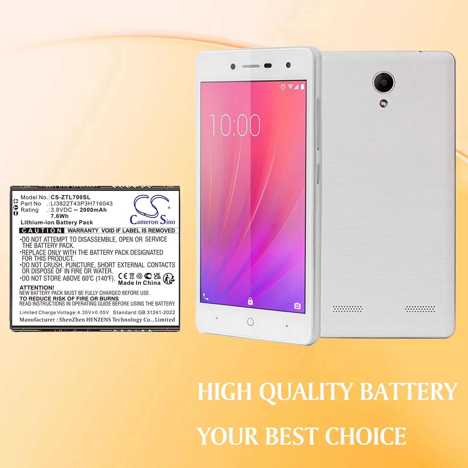 CS-ZTL700SL : Battery for ZTE Blade A30, Blade A320, Blade L7 - Replaces ZTE LI3822T43P3H716043 - Image 3