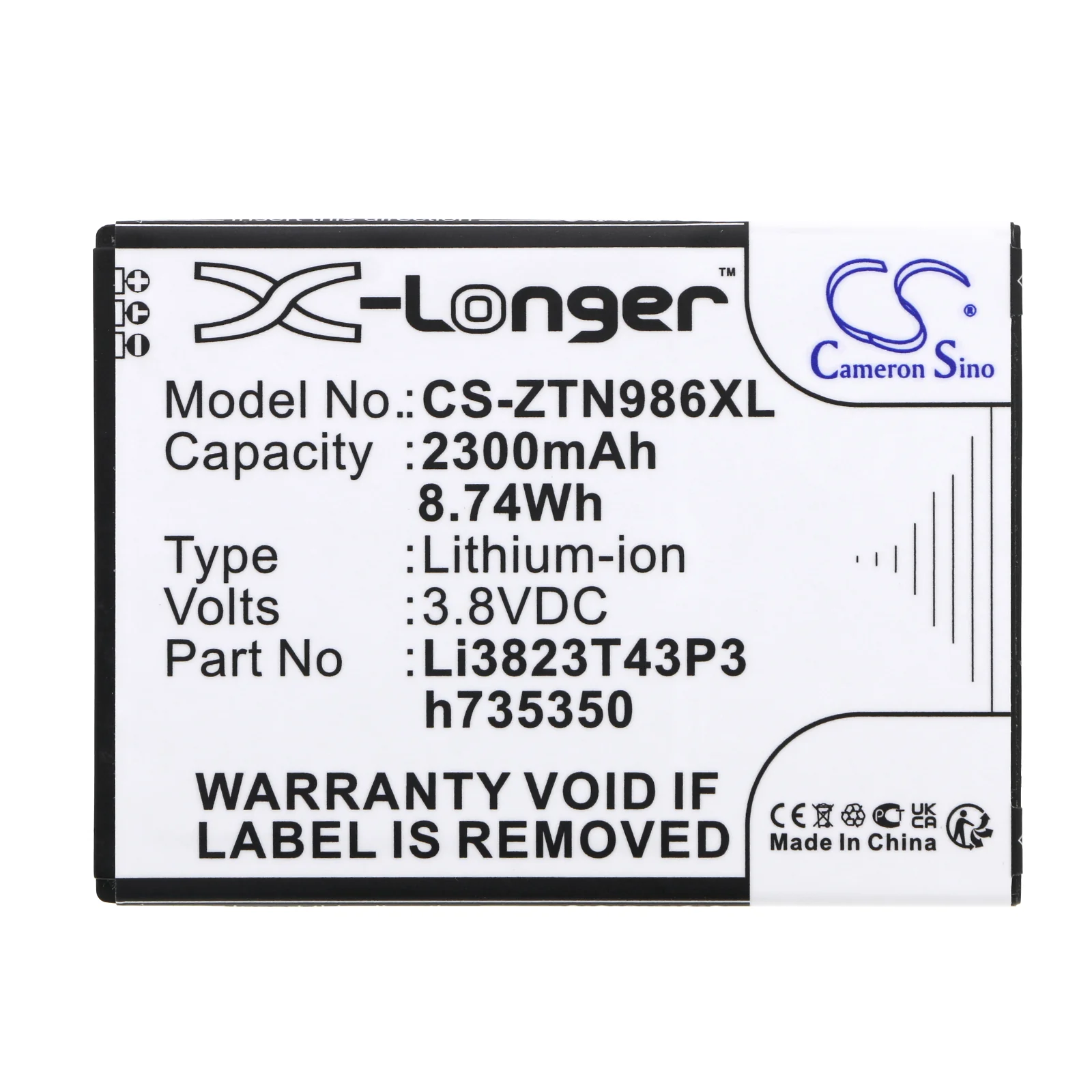 CS-ZTN986XL : Battery for T-Mobile MF64, Z64, Z64 and others - Replaces T-Mobile Li3823T43P3h735350 - Image 3