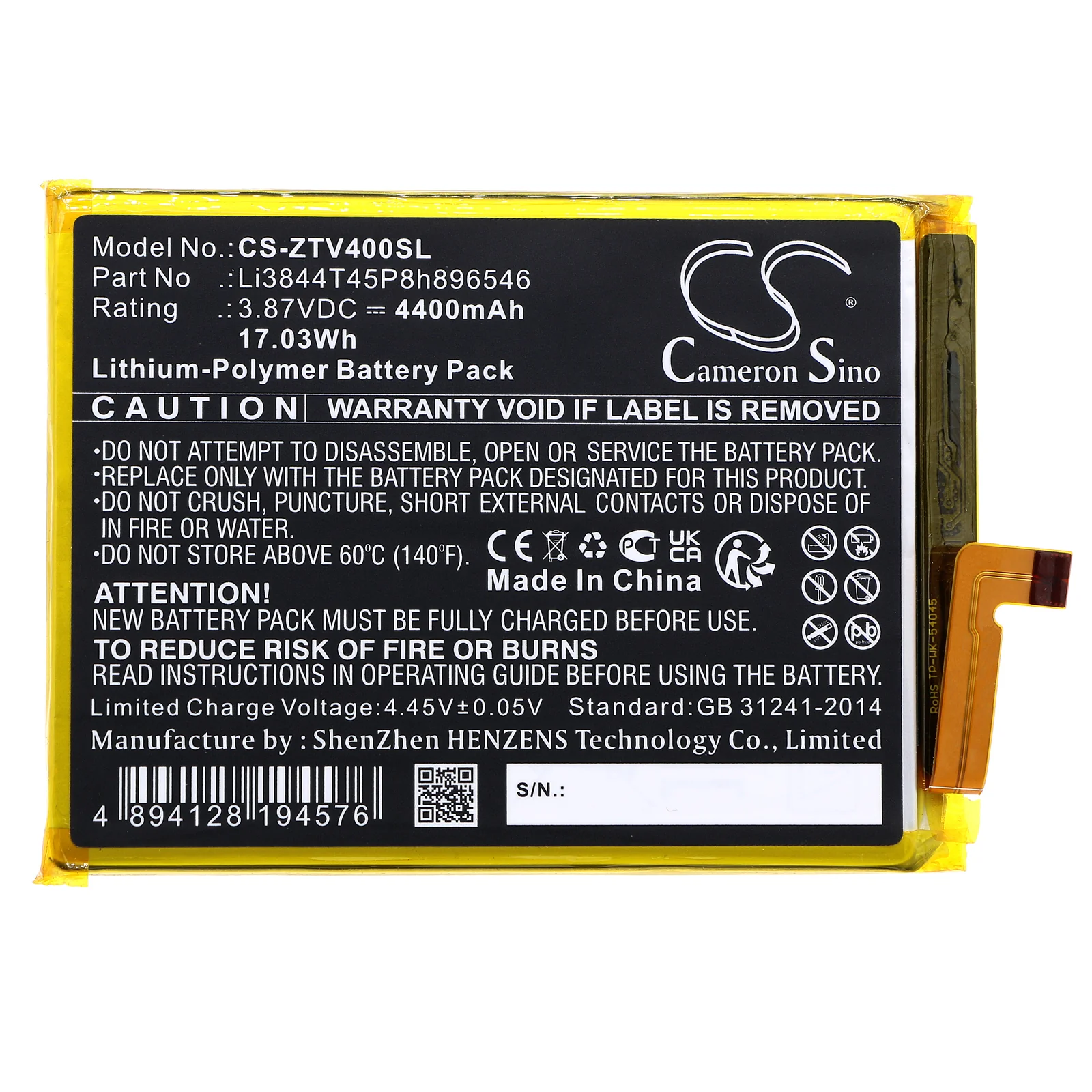 CS-ZTV400SL : Battery for ZTE Blade V40S, Axon 40 SE - Replaces ZTE Li3844T45P8h896546 - Image 3