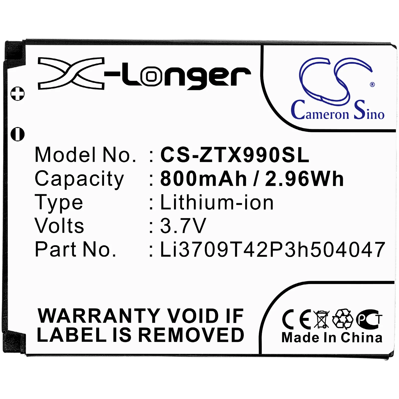 CS-ZTX990SL : Battery for T-Mobile Beat, Vibe E200 - Replaces T-Mobile Li3709T42P3h504047-H, Li3709T42P3h504047 - Image 3