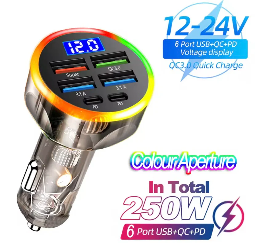 DC-USB-6P: 6-Port Car Charger for Phones, Tablets, GPS etc. 150W, with LED Voltmeter